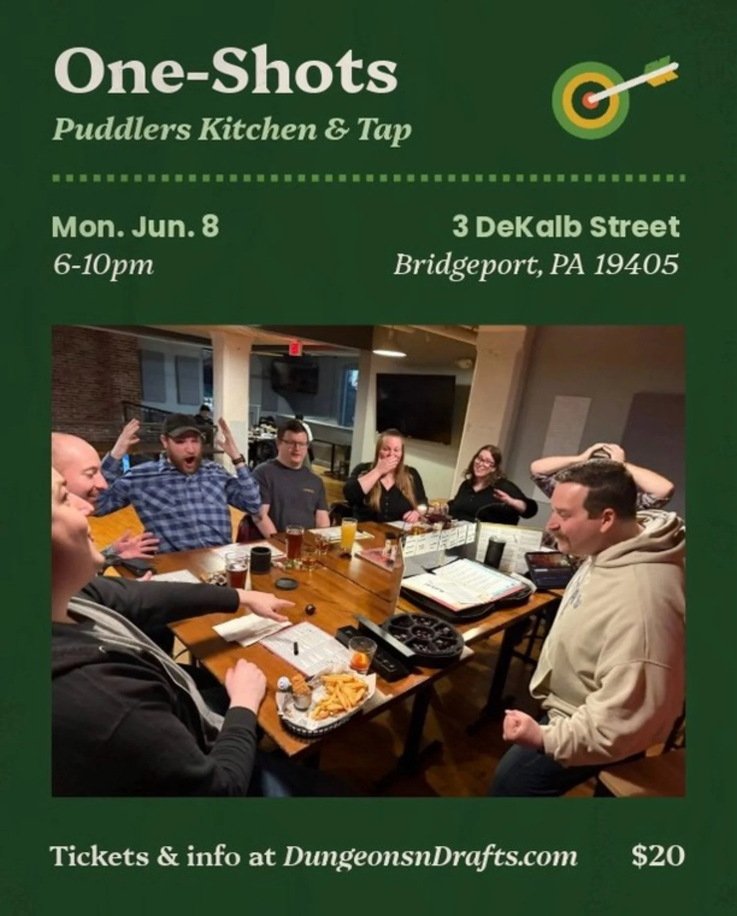 @dungeons.n.drafts.phl is back at Puddlers Kitchen &amp; Tap on June 8th! Whether you&rsquo;re a seasoned dungeon master or new to the quest, all are welcome at the table.

Register at dungeonsndrafts.com to secure your seat and let the adventure beg
