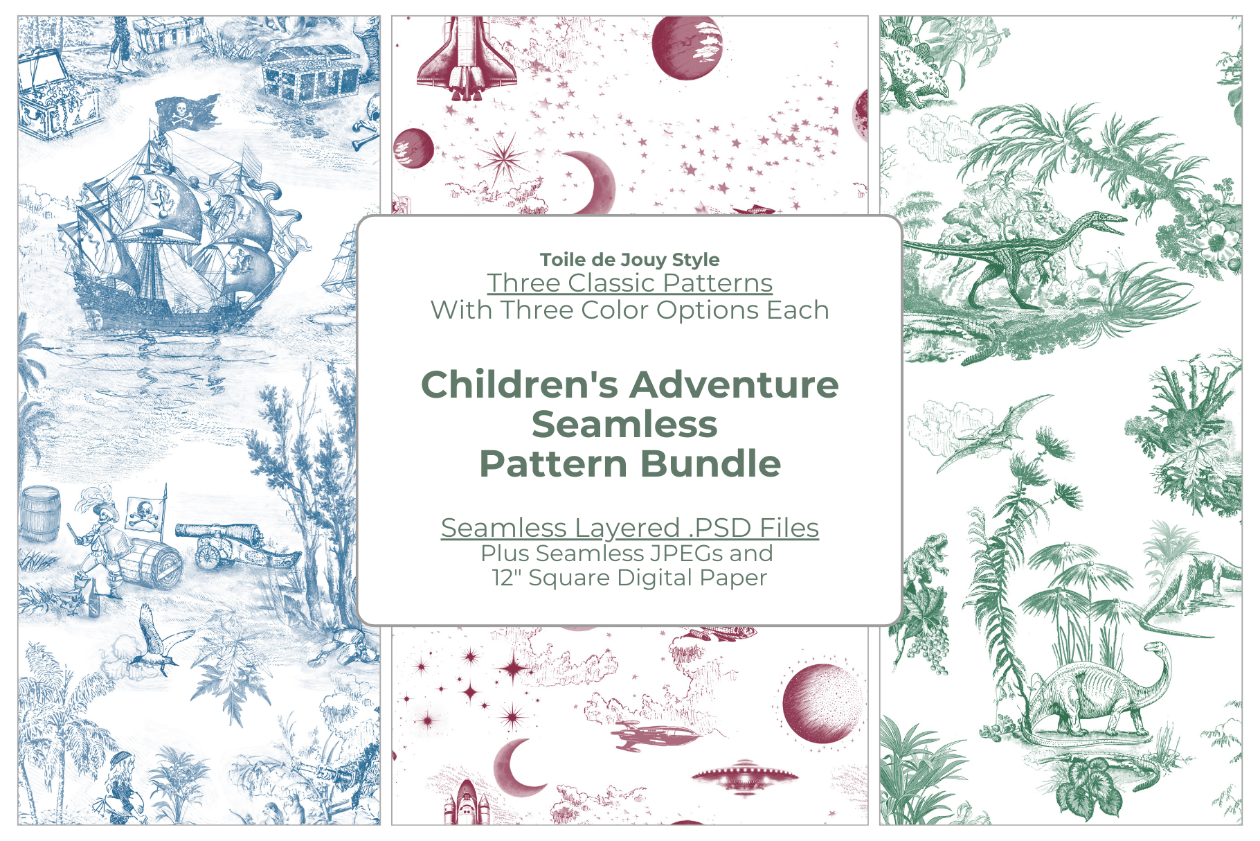 Explore Endless Creativity with this Seamless Pack: Pirates, Dinosaurs, and Outer Space