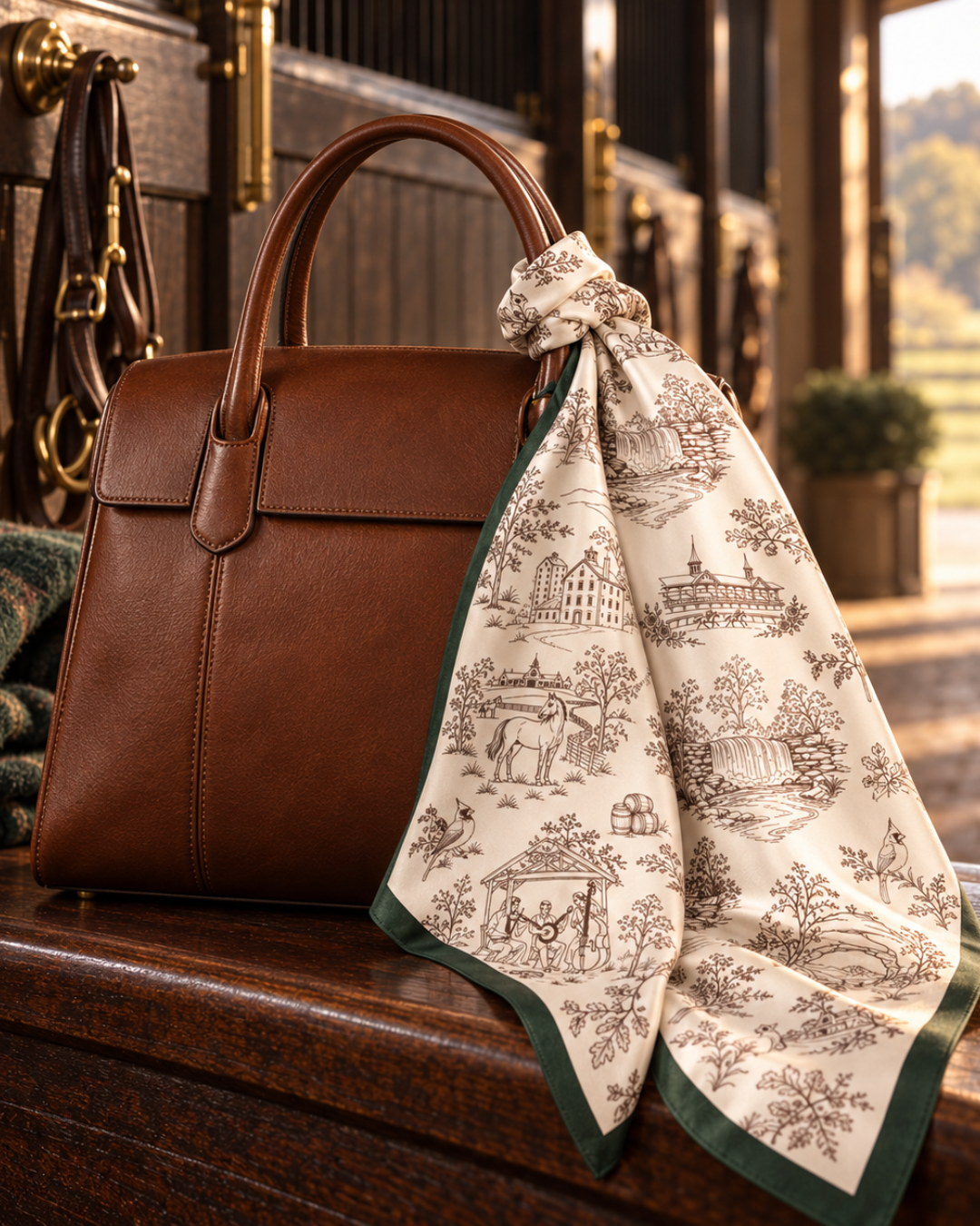 Kentucky Pattern Silk Scarf and Leather Bag
