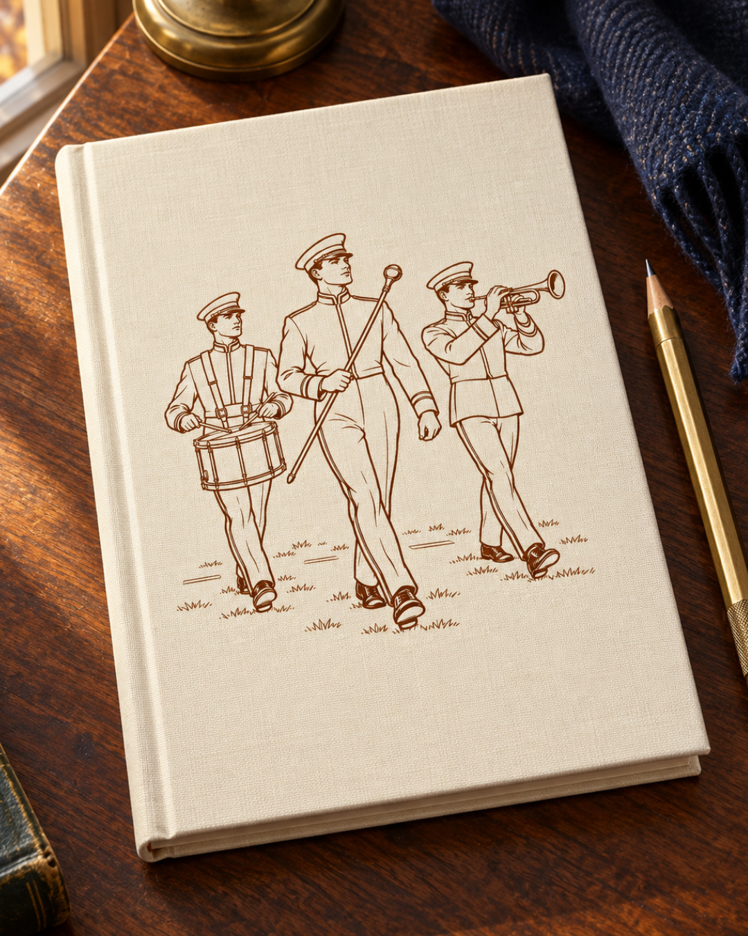 A notebook with a marching band sketch