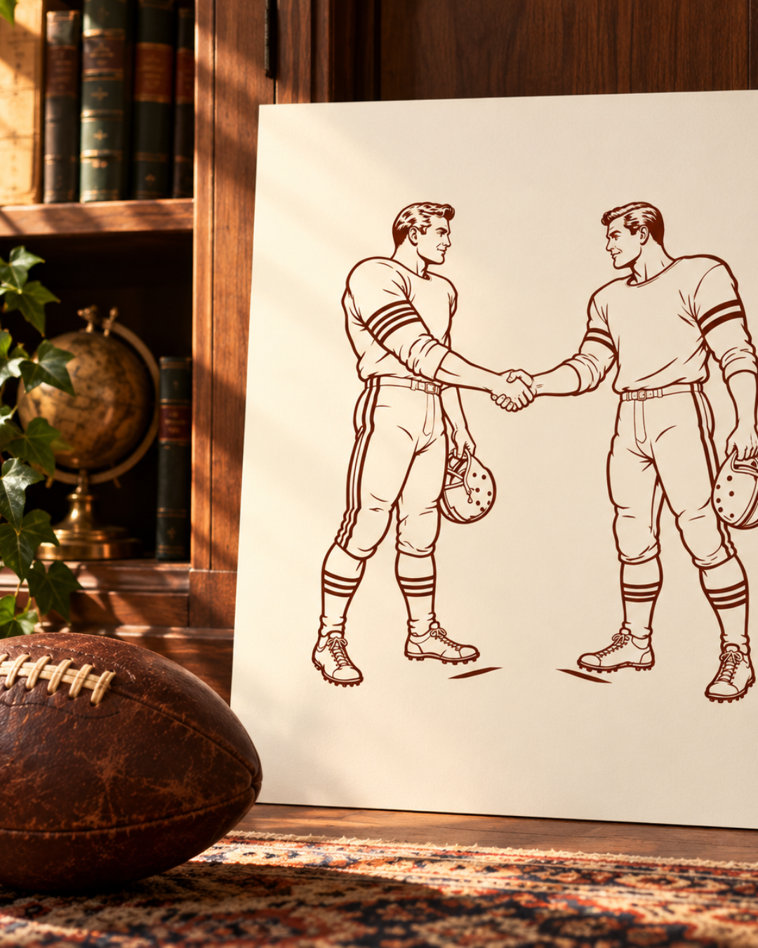 A Card on a Desk with a Sketch of Football Players