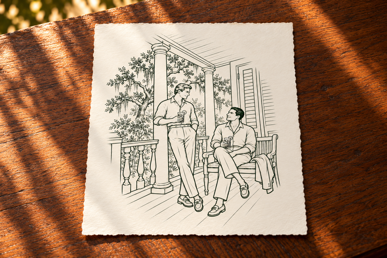Illustration of two Charleston men on a porch