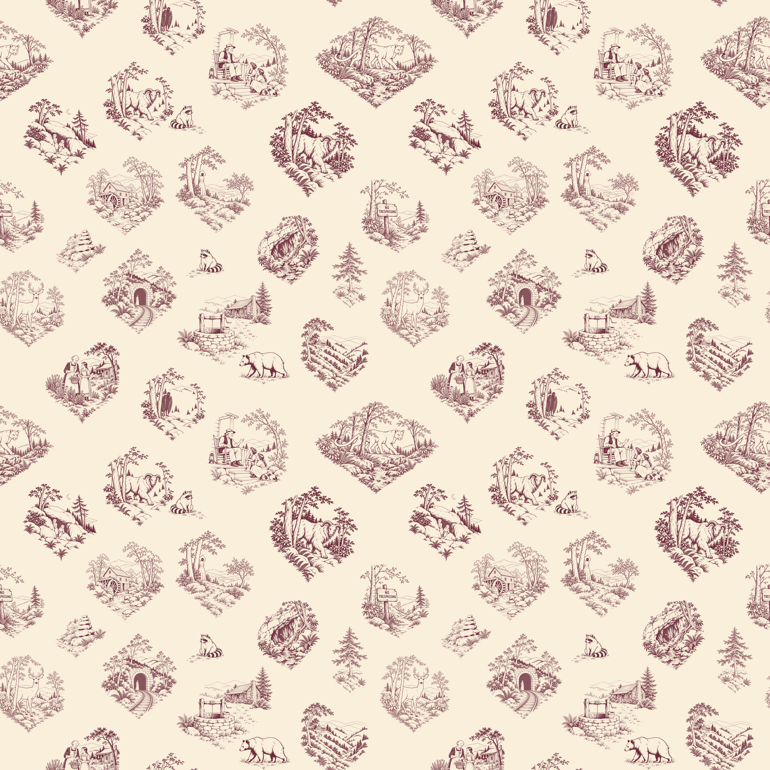 Appalachian Folklore Toile Pattern in Burgundy on Cream | Hughes Studio