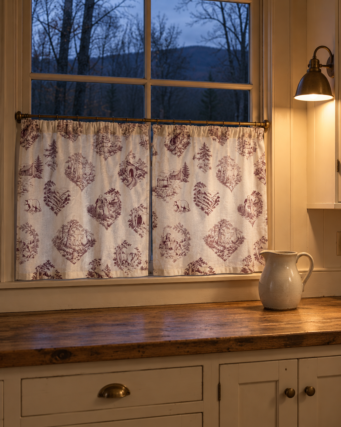 Appalachian Folklore Toile Café Curtains in a Cozy Mountain Kitchen | Hughes Studio