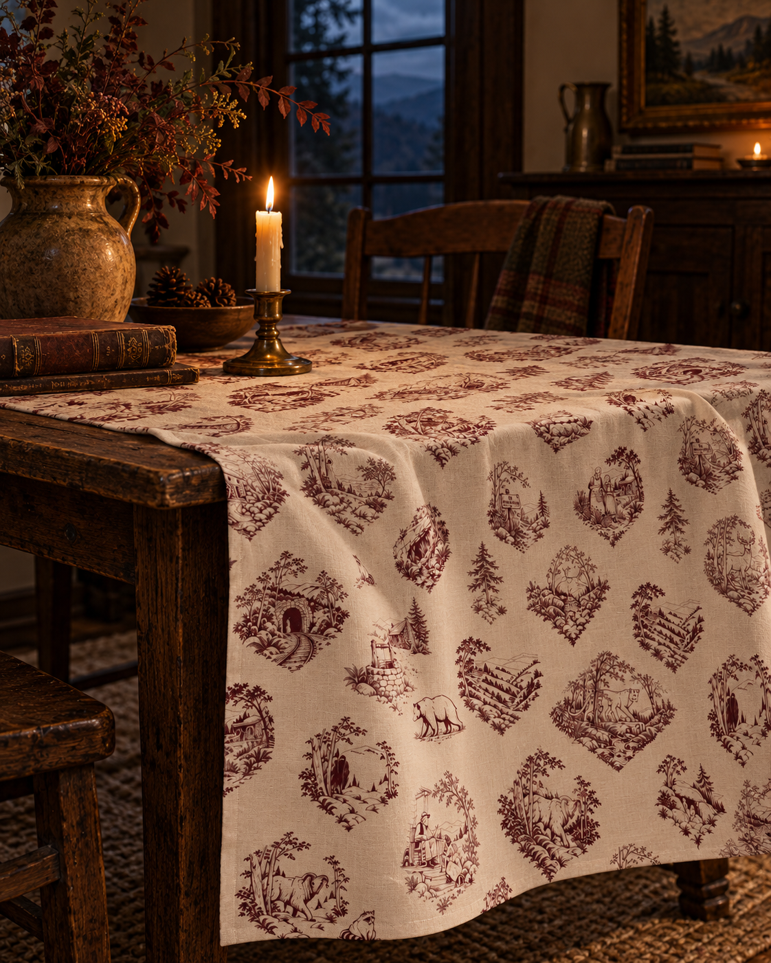 Appalachian Folklore Toile Tablecloth in a Candlelit Mountain Cottage | Hughes Studio