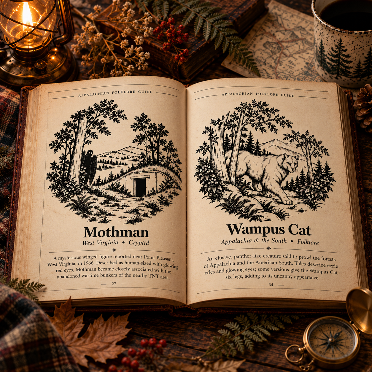 Appalachian Folklore Guide – Mothman and Wampus Cat Illustrated Book | Hughes Studio
