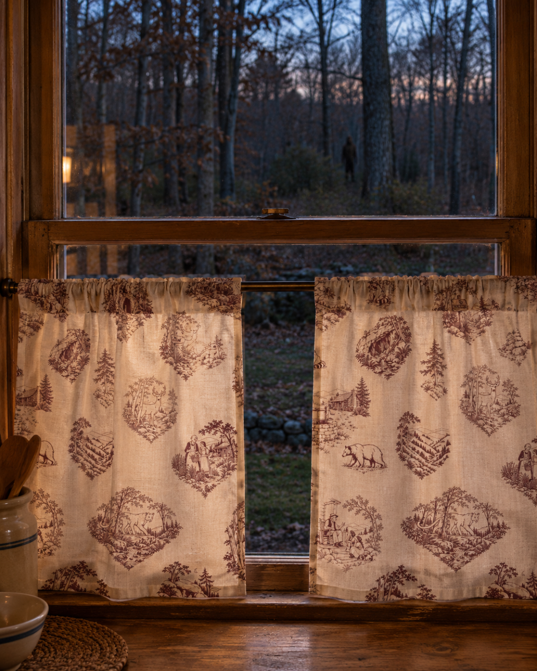 Appalachian Folklore Toile Café Curtains with Mysterious Forest Figure at Dusk | Hughes Studio