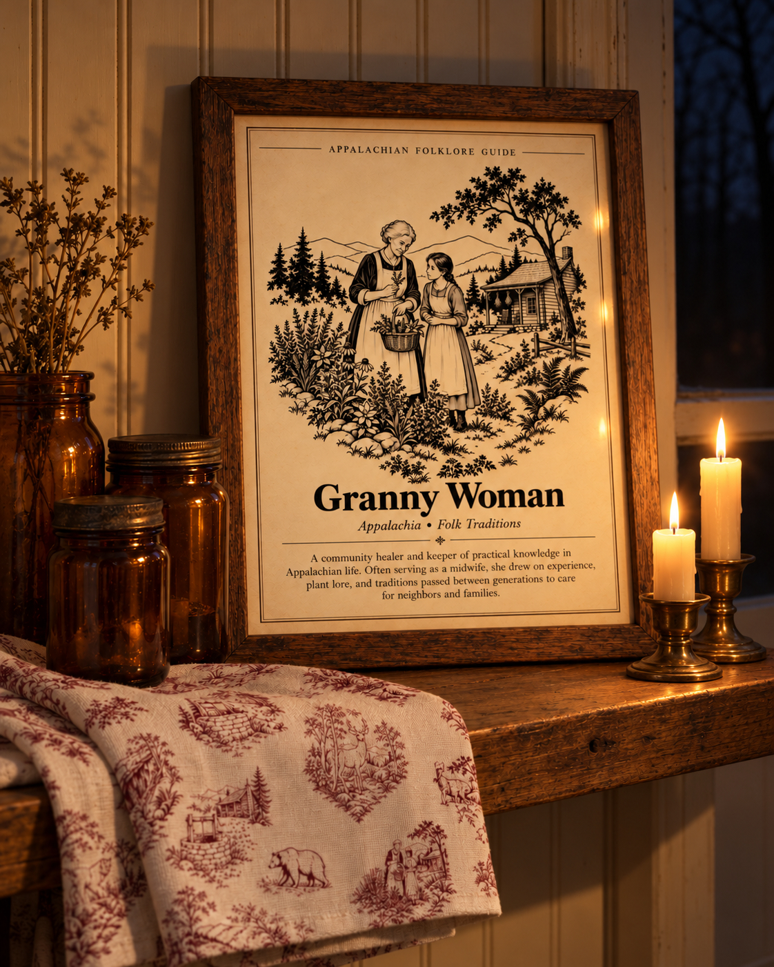 Appalachian Granny Woman Folklore Illustration &amp; Toile Fabric | Hughes Studio