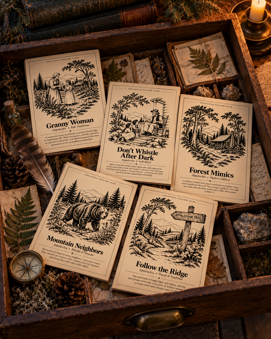 Appalachian Folklore Collector’s Drawer | Illustrated Folklore Cards by Hughes Studio