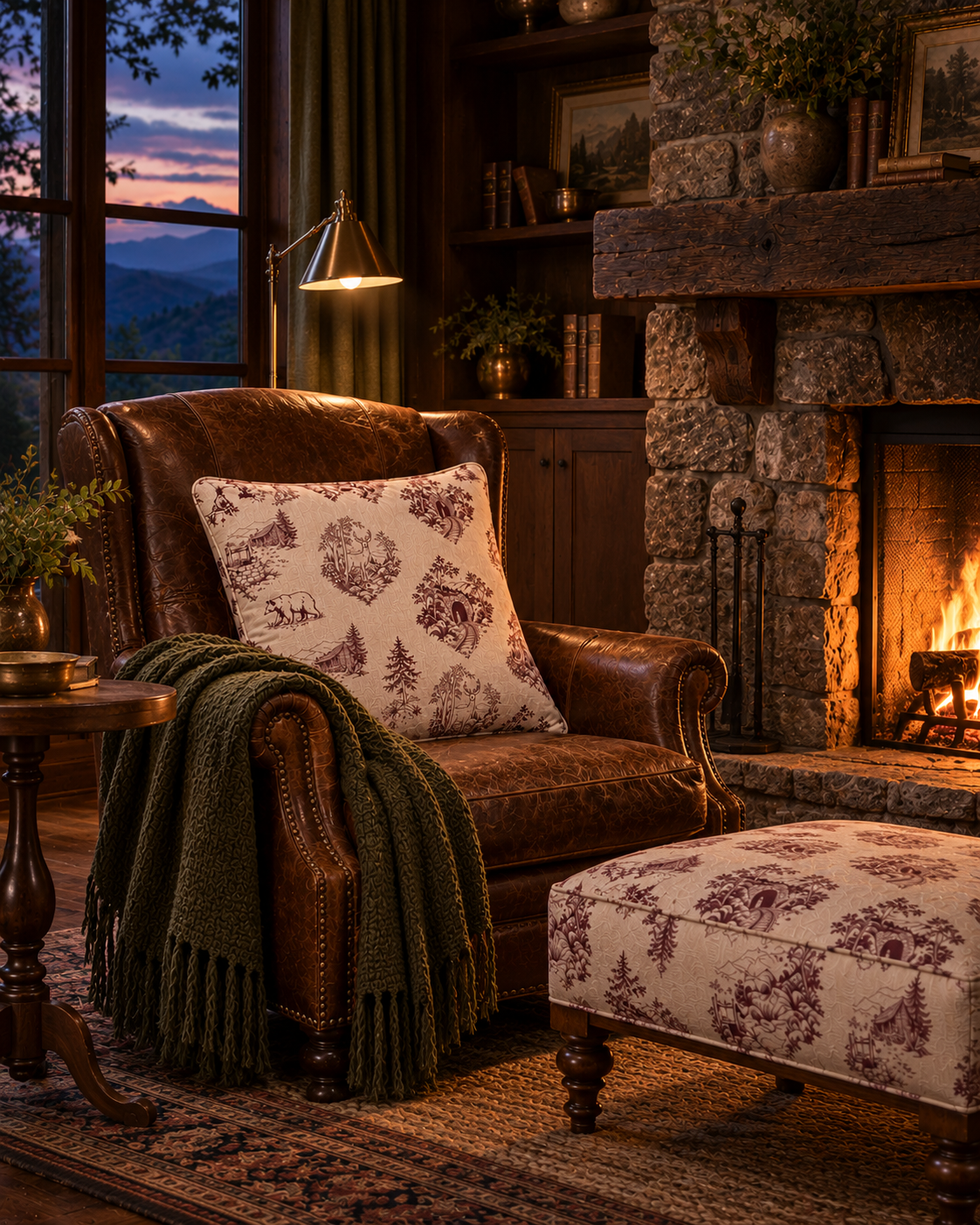 Cozy Appalachian Mountain Cabin Reading Nook with Folklore Toile | Hughes Studio