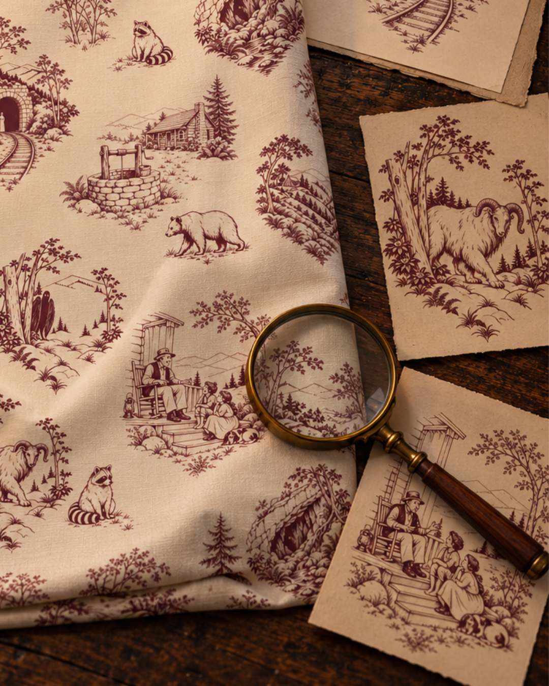 Appalachian Folklore Toile Fabric &amp; Illustration Details | Hughes Studio