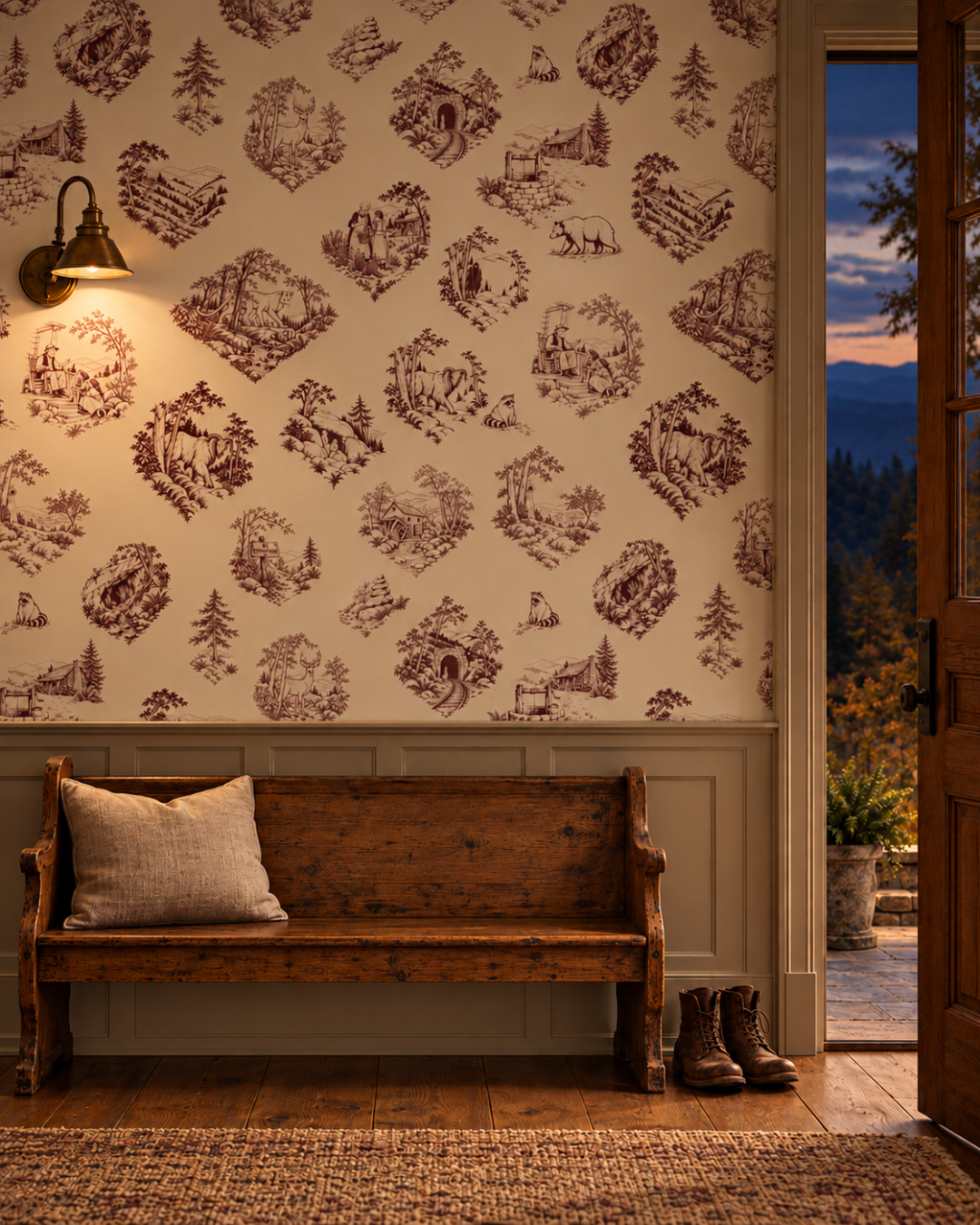 Appalachian Folklore Toile Wallpaper in a Rustic Mountain Cottage | Hughes Studio