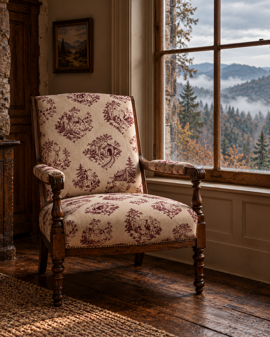 Appalachian Folklore Toile Upholstered Armchair in a Mountain Cottage | Hughes Studio
