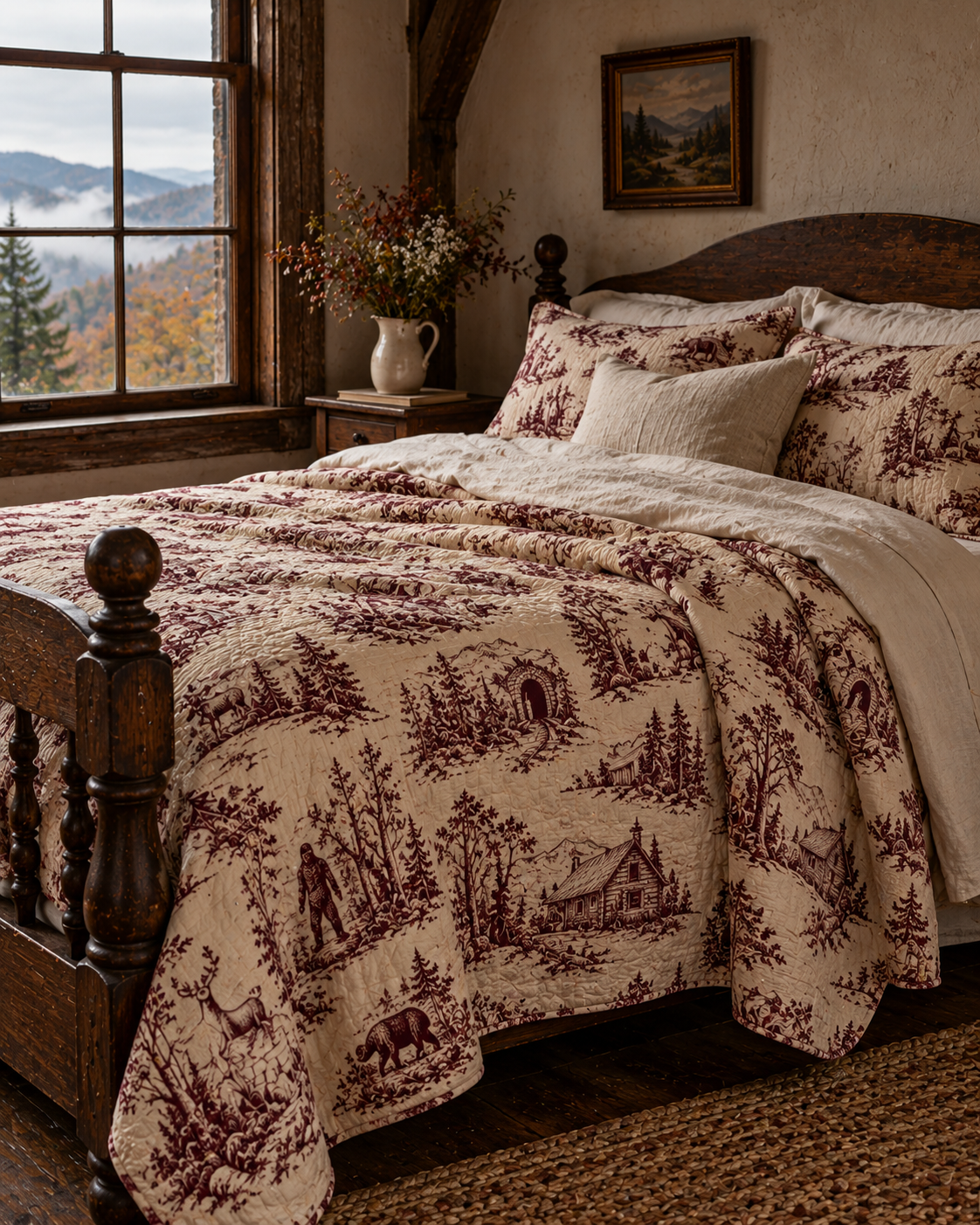 Appalachian Folklore Toile Bedding in a Rustic Mountain Cabin | Hughes Studio