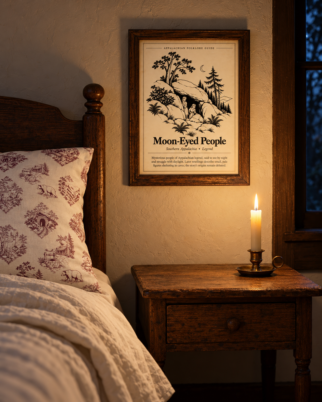 Moon-Eyed People of Appalachian Folklore | Candlelit Mountain Cottage Bedroom by Hughes Studio