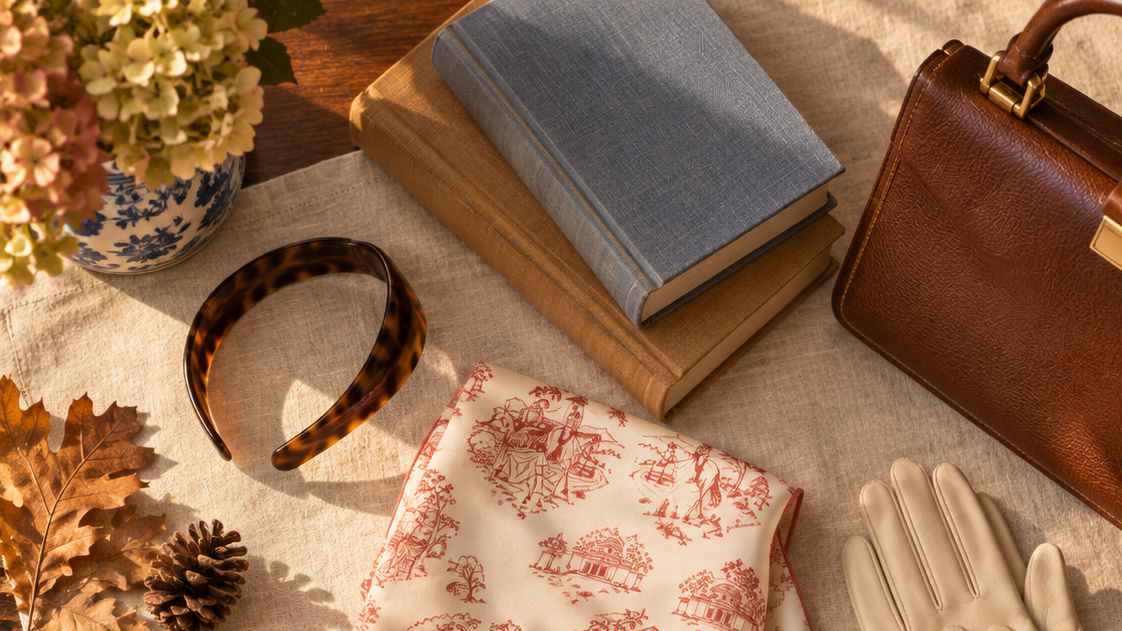 Autumn flat lay with folded Charlottesville toile fabric, vintage books, leather handbag, gloves, headband, leaves, and pinecones.