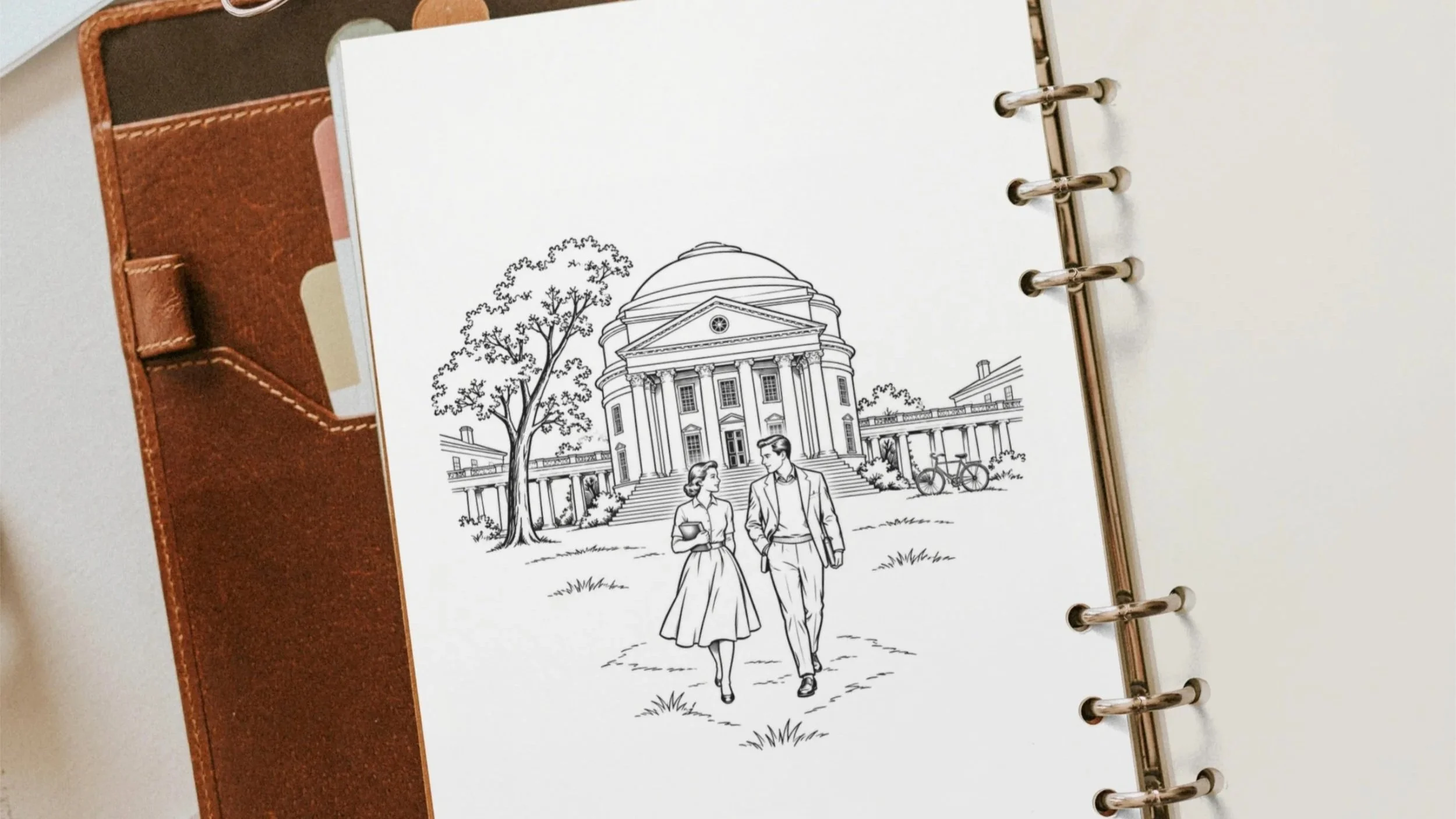 Illustration of the UVA Lawn displayed in a vintage planner