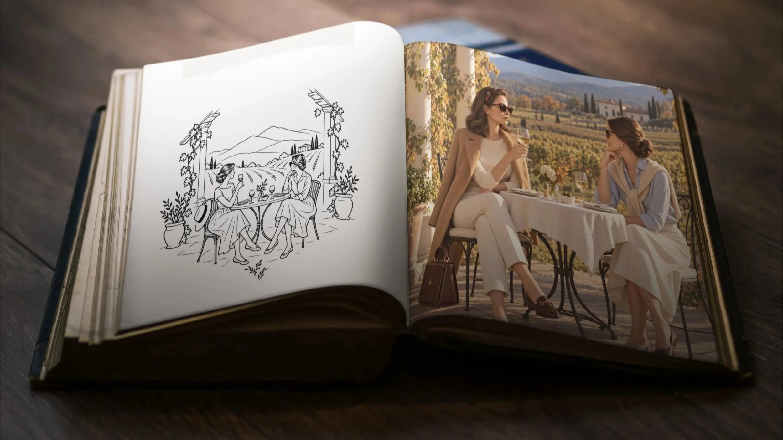 Open book pairing an illustrated vineyard lunch with two elegantly dressed women dining in Virginia wine country.