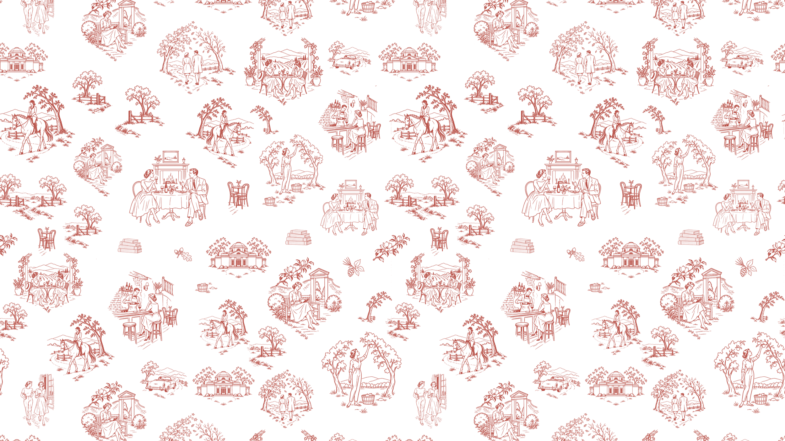 Repeating Charlottesville toile in muted red, featuring vineyards, historic buildings, dining scenes, and autumn landscapes.
