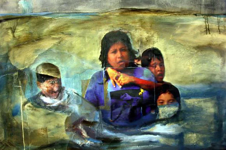    CROSSING.  &nbsp;Collage and Oil on canvas. &nbsp;45 x 28 inches. 2008     