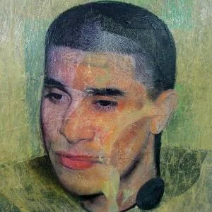 EDUARDO. Collage and Oil on canvas. 25 x 25 inches.
