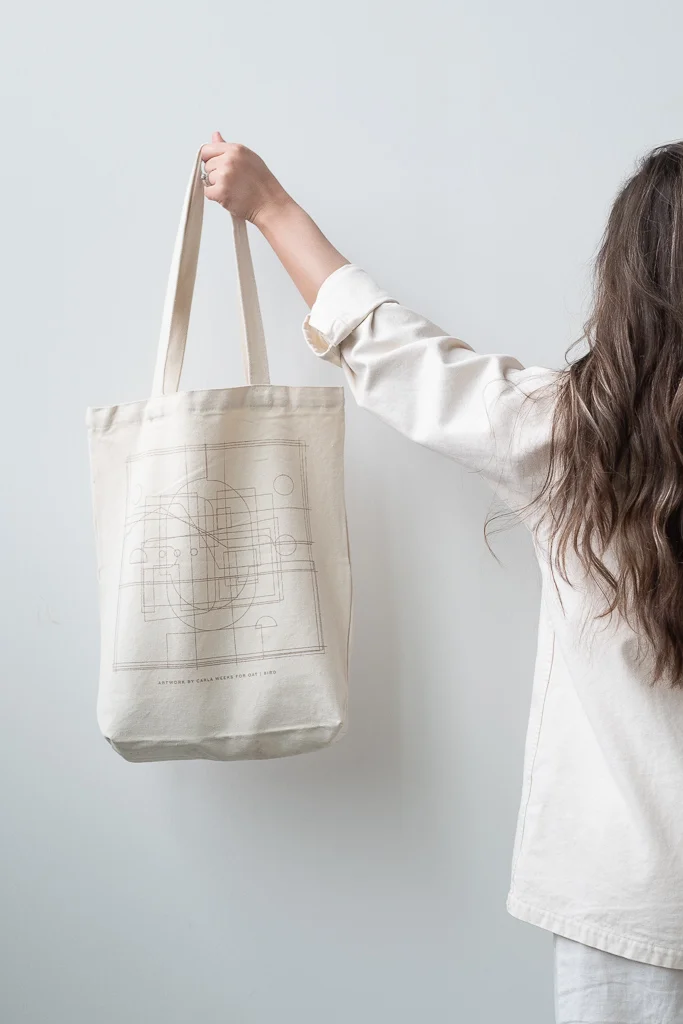 Our friend, Carla Weeks has graciously allowed us to use of one of her new Mojave desert structure line works for screen printed tote bags and hand dyed bandanas.