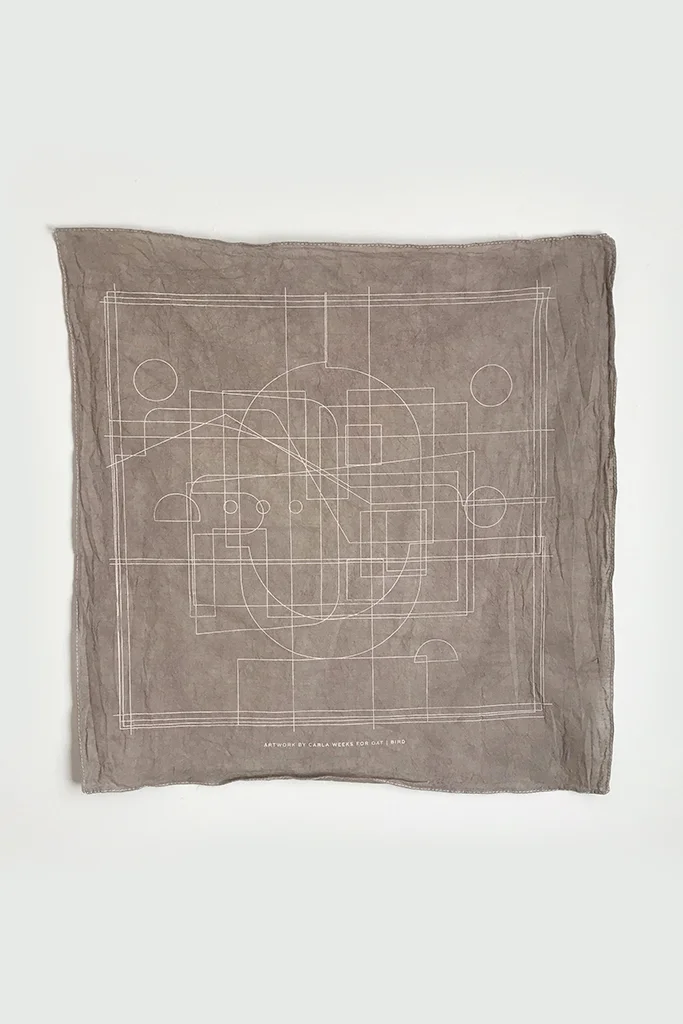 Each bandana is hand-dyed so the color of each ranges from deeper mauves to lighter tans. All unique and printed with Carla’s line work.