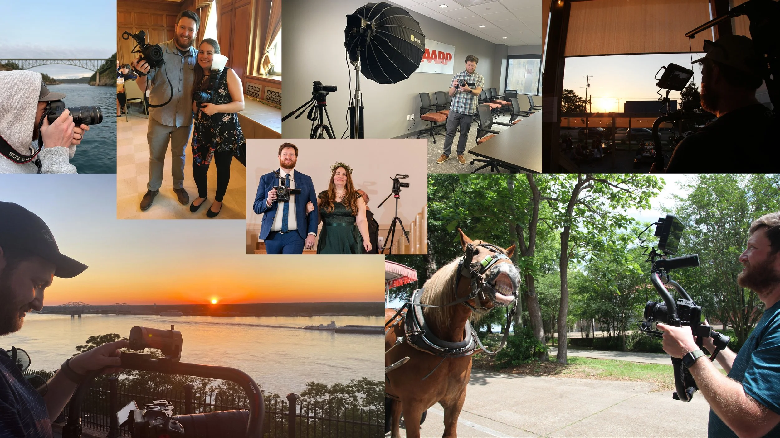 Behind the scenes photos of Pioneer Productions in action filming a horse named Hal in Natchez, some weddings, a beautiful riverside sunset, in a corporate office, in Deception Pass Washington, and even down the aisle!