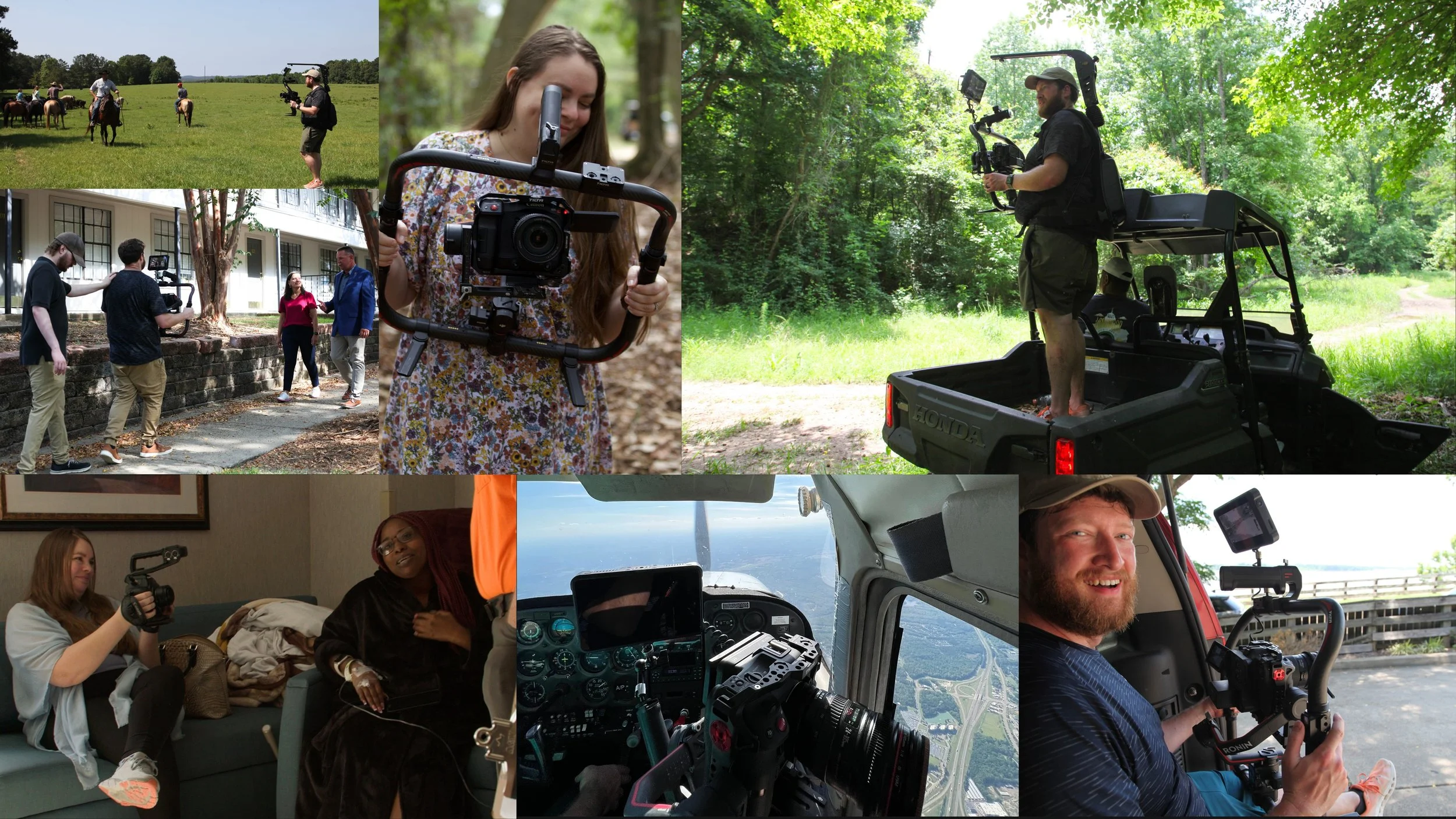 Behind the scenes photos of Pioneer Productions - filming people on horseback, standing on the backs of atvs, commercials, documentaries, airplanes in the sky, and out of the back of a truck.