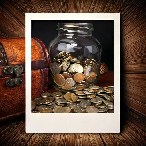 Firefly white polaroid photo frame of coins in a jar and an old treasure chest 66214.jpg