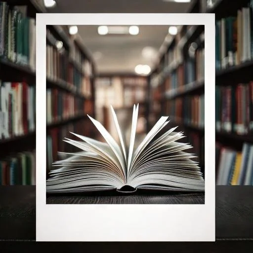 Firefly white polaroid photo of an open book, blurry library shelf background 30985.jpg
