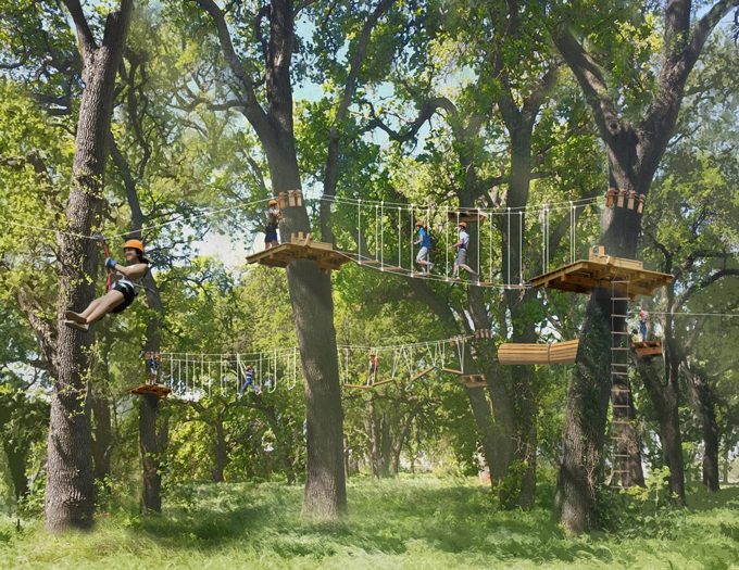 Rendering of Ropes Course in actual trees on site at Heritage Oaks Park, West Sacramento, CA.