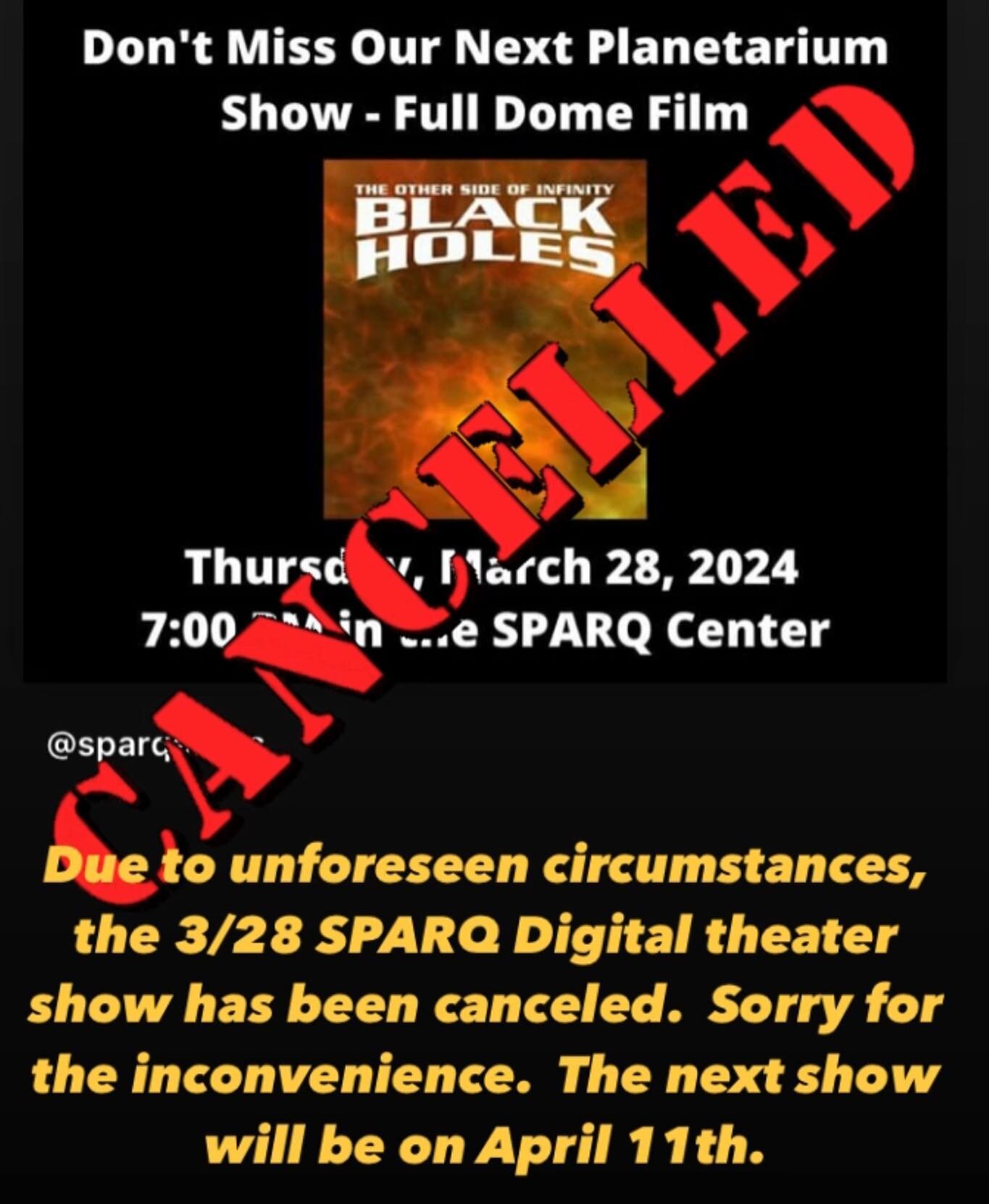 Due to unforeseen circumstances, the 3/28  SPARQ Digital theater show has been canceled.  We apologize for the inconvenience.  The next show will be on April 11th.