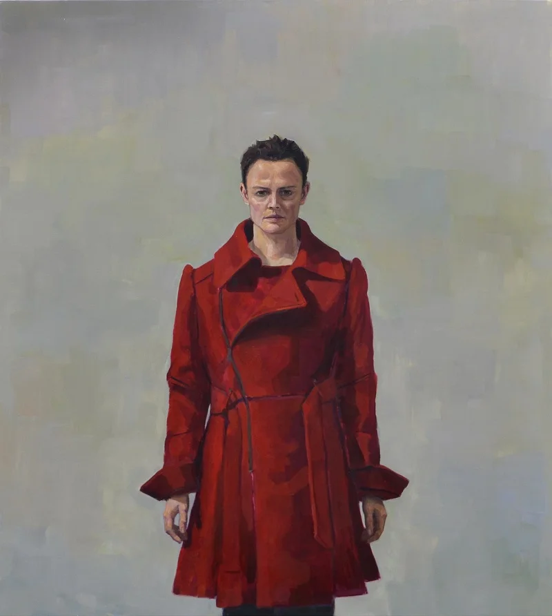 Image: JENNY RODGERSON Bound by the big red coat, oil on linen, 157 x 176cm -Winner, 2016 Portia Geach Memorial Award