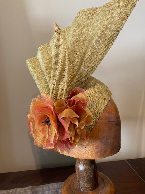 Shand Merryl Cleopatra Fascinator Sinamay, gold lace &amp; silk flowers 30cm x 20cm