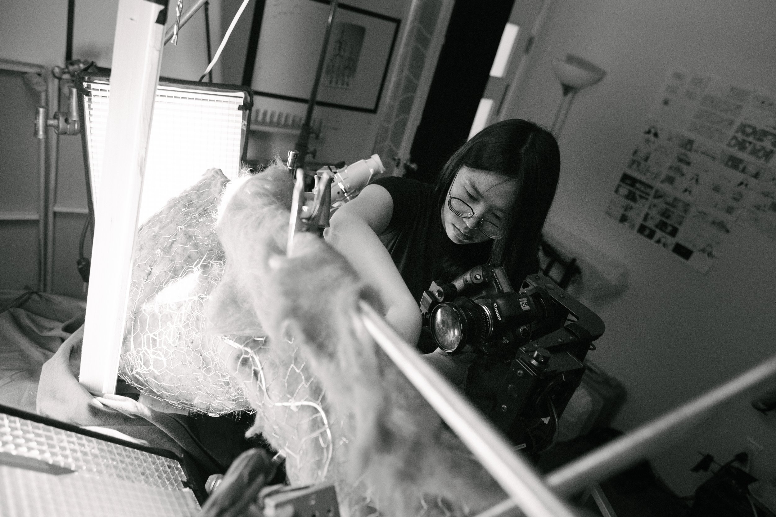 Director Siqi Song animating on set for her animated short THE COIN.