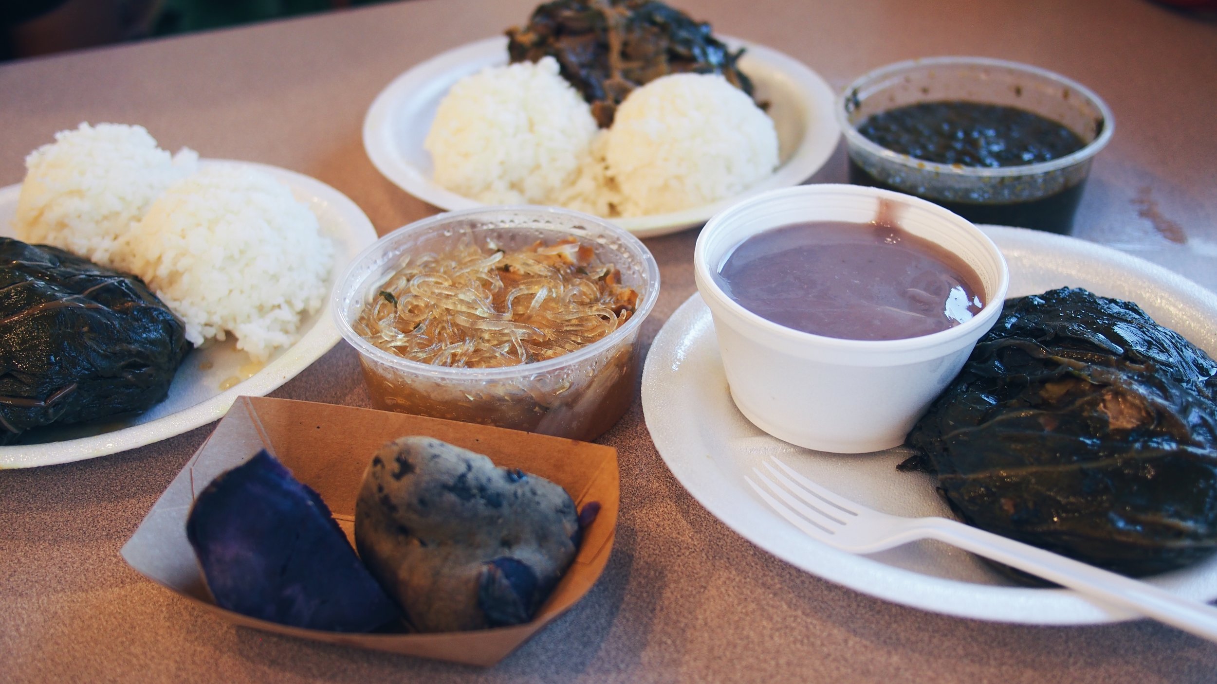 Hawaiian food - Poi, laulau, chicken longrice