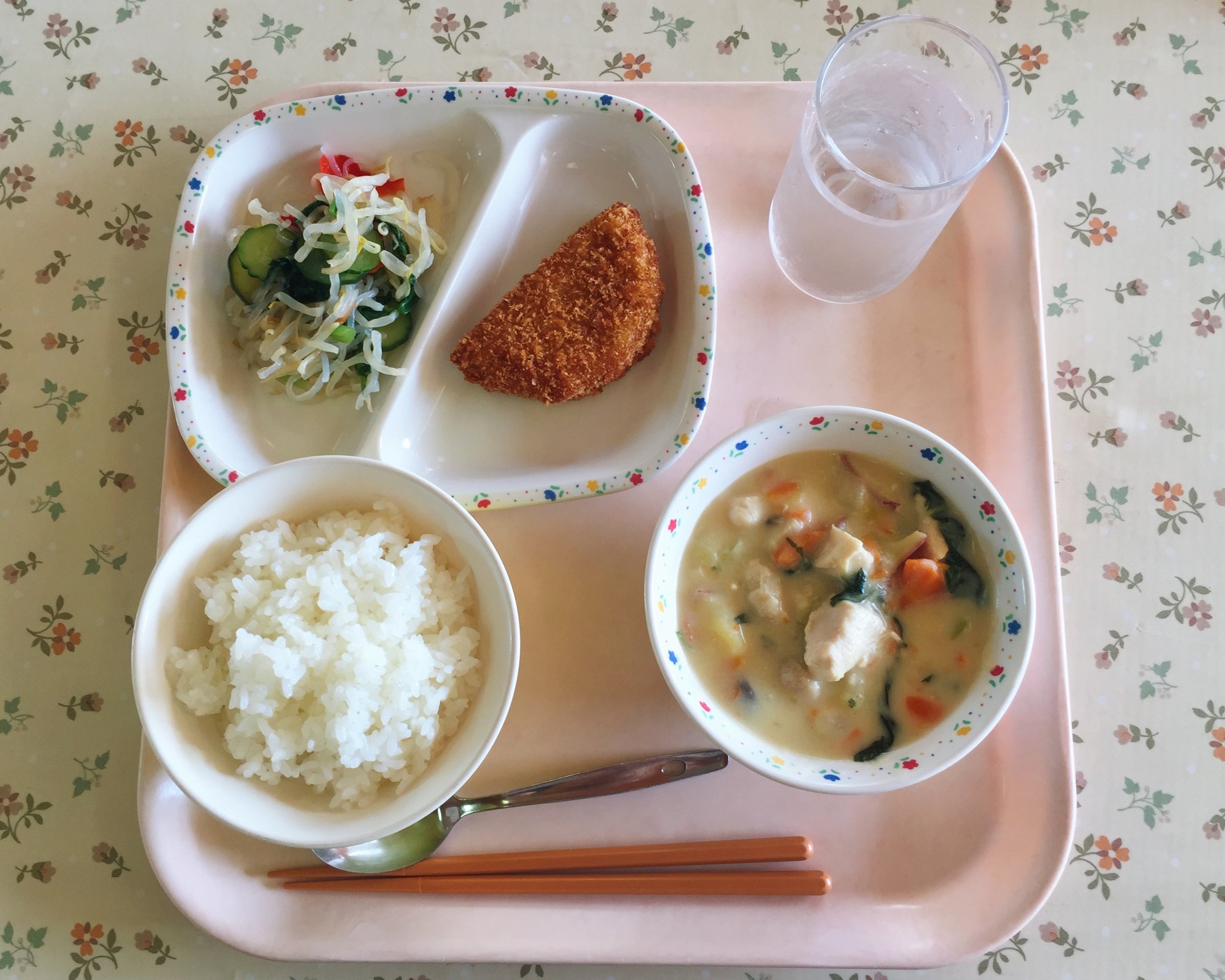 Ham cutlet, konnyaku salad, sweet potato cream stew, and white rice