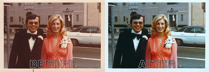 Portrait of a couple taken in the 1970's. There were some surface scratches, but the majority of work done to this image was merely adjusting and updating the colors, enhancing the photo just enough, while keeping the retro feel of the era and medium (film). Pictured: Marlene and Bill King