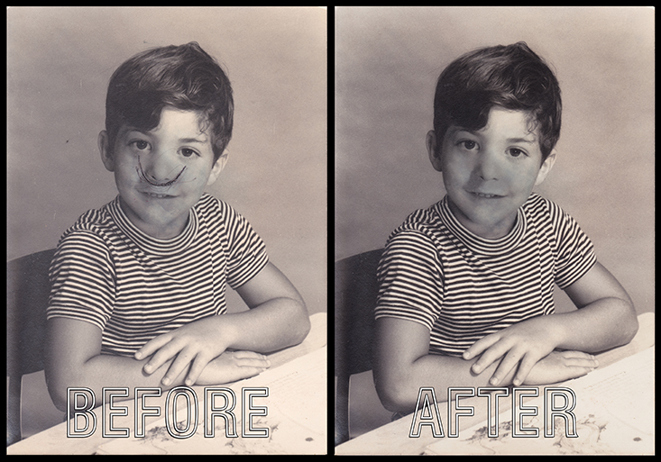 Class photo from the 1950's. 7 year old little Johnny thought he'd look better with a mustache, but half a century later his adult daughter wanted it "shaved off" so she could have it framed.