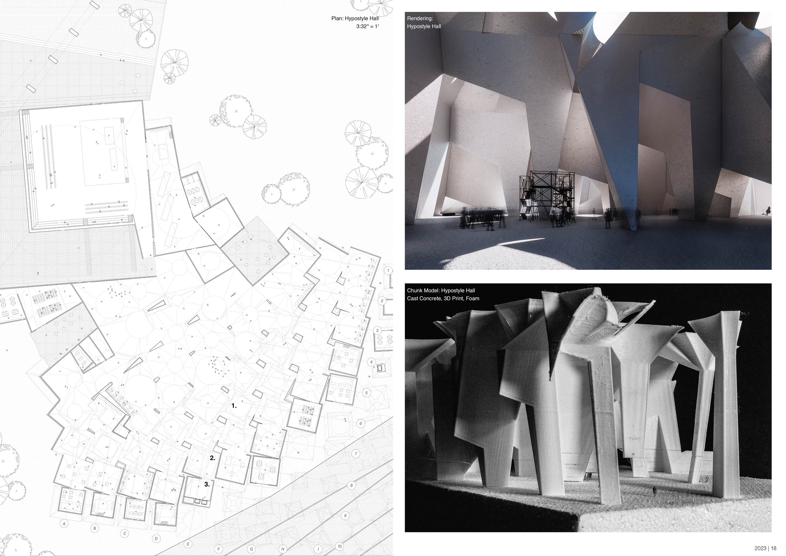 PARTIAL PLAN OF HYPOSTYLE HALL 1/16''=1', INTERIOR RENDER AND PHOTO OF CHUNK MODEL