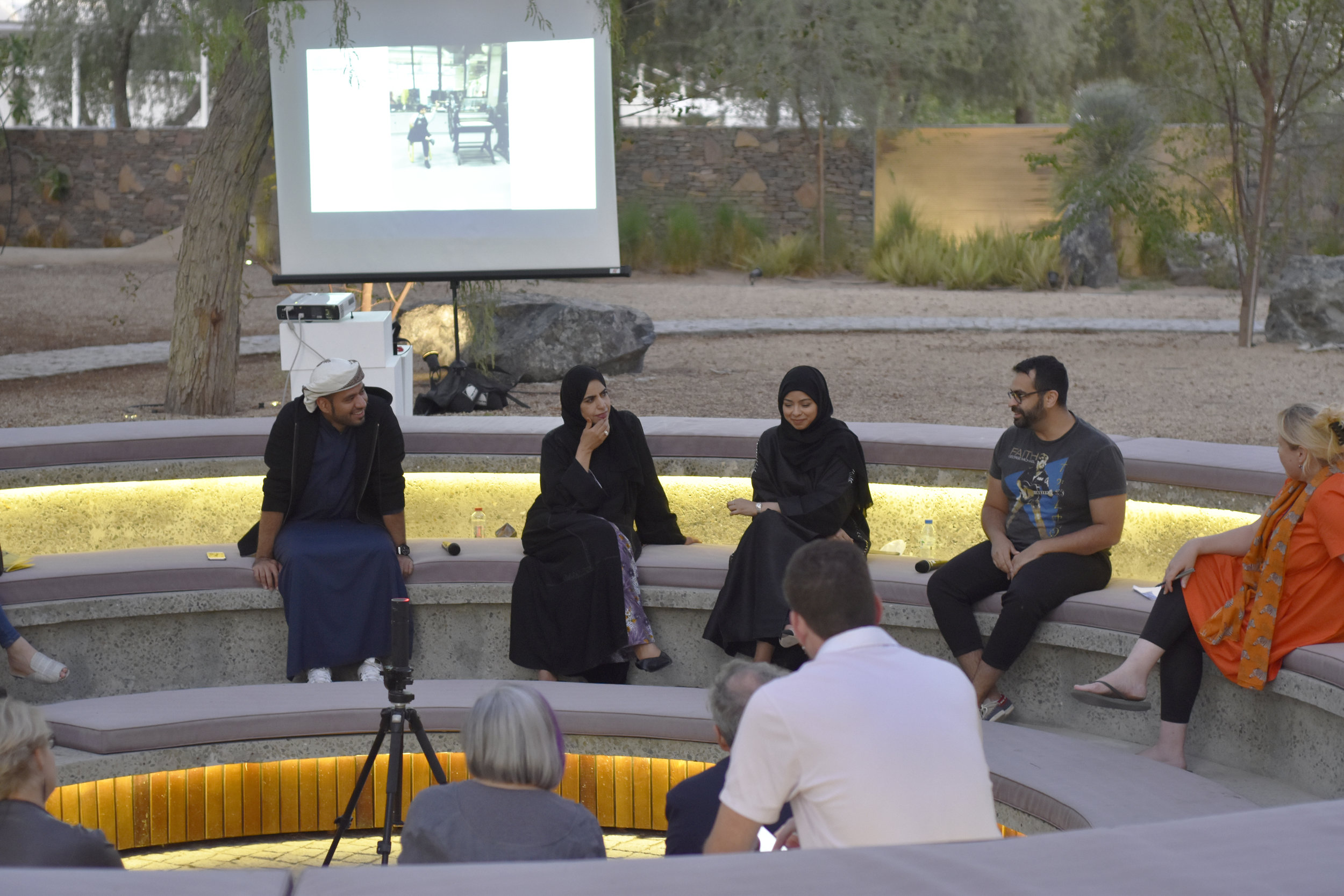 Tashkeel Talk with Saeed Al Madani, Dr. Karima Al Shomaly, Salama Nasib, Khalid Mezaina and moderator Lisa Ball-Lechgar. Image courtesy of Tashkeel.jpg