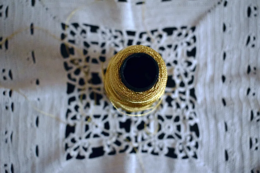 Golden silk from Ioannina, which is very typical and often seen in local embroideries in Epirus. Hand made table cloth by my great- grandmother, Hiette Moissis (formerly Levis)