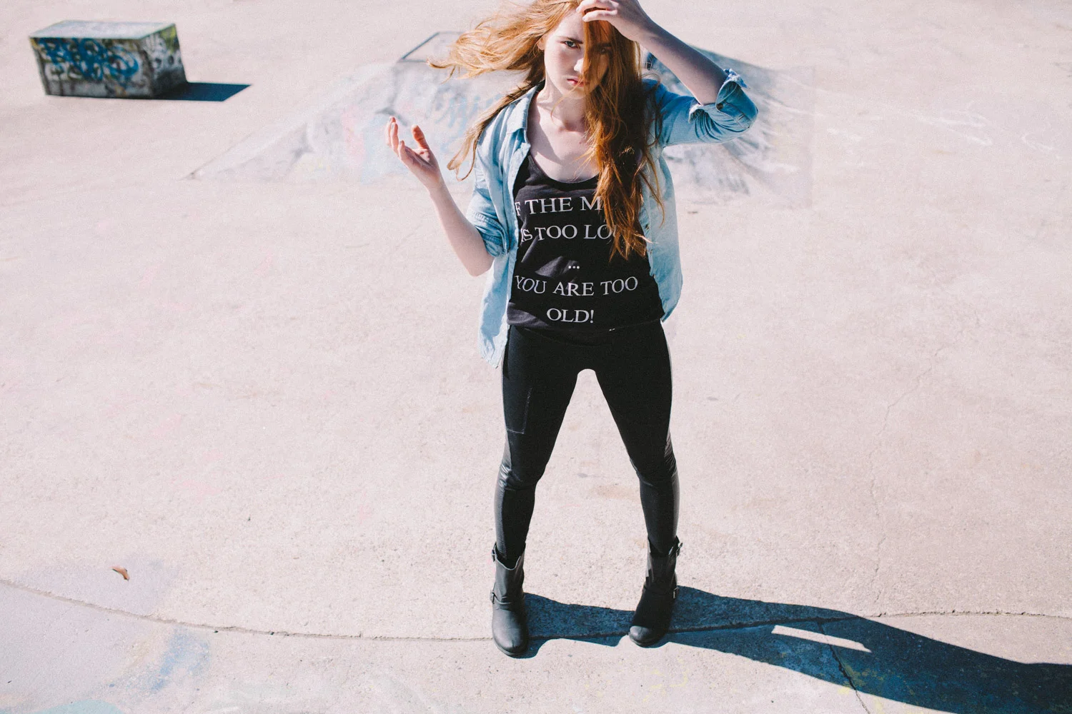 Brisbane, QLD Australia Fashion Photographer Stacey Russell || Fashion Photography Model Photoshoot || girl with long hair wearing black and denim jacket standing in skate park