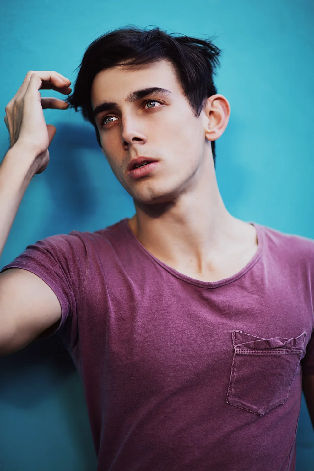 Brisbane, QLD Australia Fashion Photographer Stacey Russell || Fashion Photography Model Photoshoot || brown hair man modelling purple shirt, blue background
