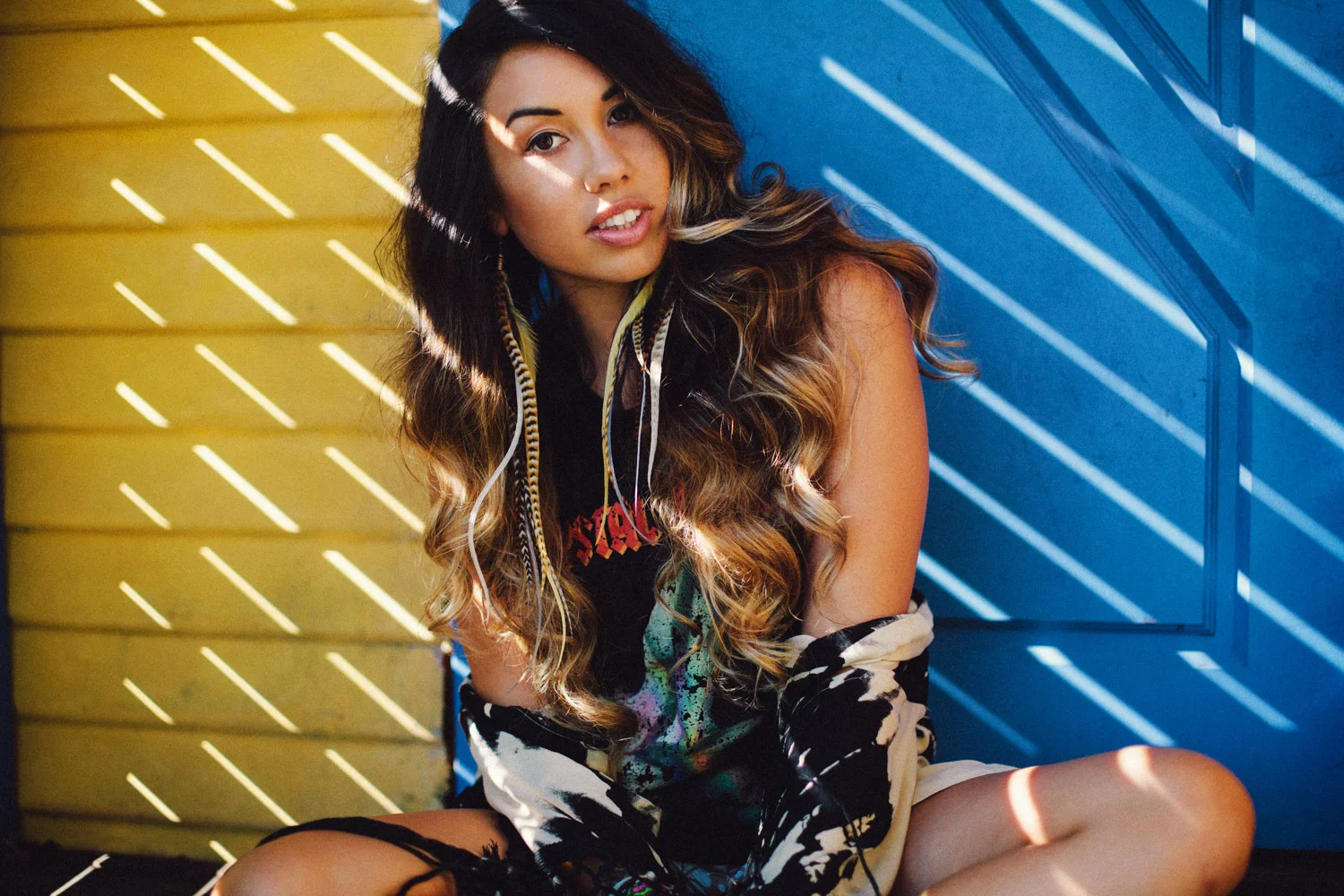 Sunshine Coast, QLD Australia Fashion Photographer Stacey Russell || Fashion Photography Lookbook Advertising || girl modelling wavy hair, blue and yellow background