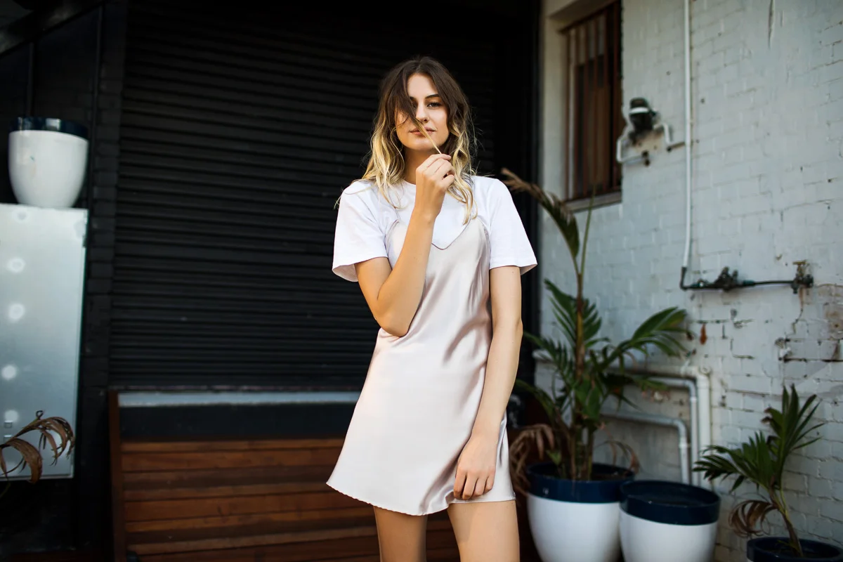 Brisbane Model Photographer Stacey Russell || Professional Australia Fashion Photography Modelling Photoshoot || Model portfolio image of girl with ombre hair in white shirt and silk dress (Copy)