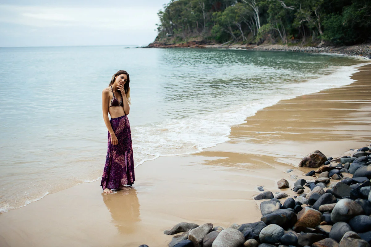 Brisbane Model Photographer Stacey Russell || Professional Australia Fashion Photography Modelling Photoshoot || Model portfolio image of girl in bikini and purple sarong on beach (Copy)