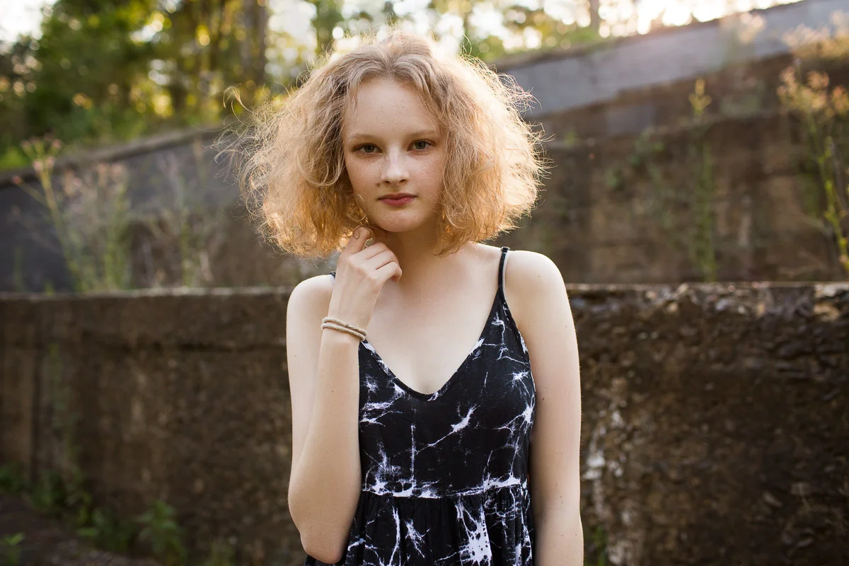 Brisbane Model Photographer Stacey Russell || Professional Australia Fashion Photography Modelling Photoshoot || Model portfolio image of blonde girl curly hair wearing black and white marbled dress