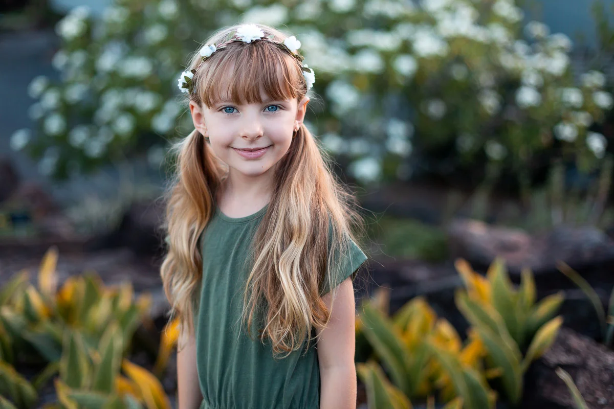 Brisbane Model Photographer Stacey Russell || Professional Australia Fashion Photography Modelling Photoshoot || Model portfolio image of girl with piggy tails wearing flower crown in green dre (Copy)